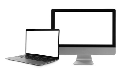Computer monitor and laptop with blank screens on white background. Mockup for design