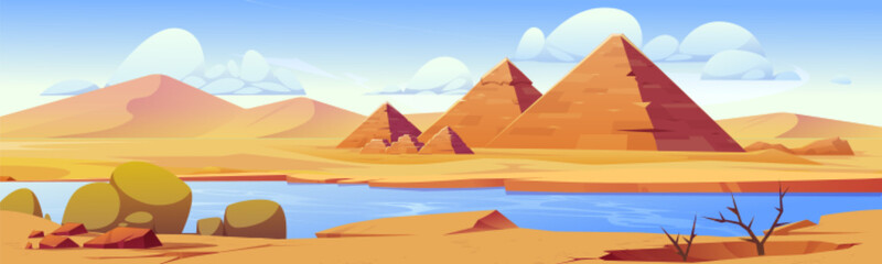 Desert river landscape with yellow sand, stone egyptian pyramides vector cartoon scenic background. Oasis with lake water in dry african Sahara, cracked ground with dusty green plants, sunny blue sky
