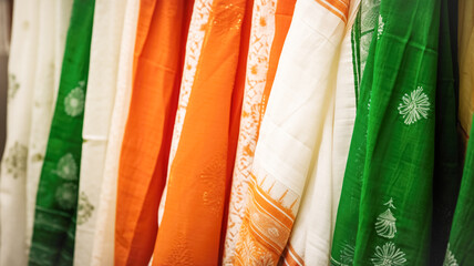 Natural Indian fabrics in bright colors orange, white, green for tailoring traditional festive clothes. Concept Independence Day Generative AI