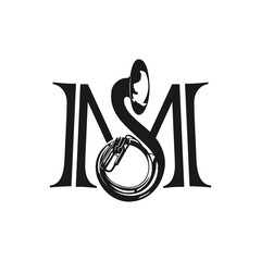 Playful music logo design element with trumpet and letter M silhouette template idea