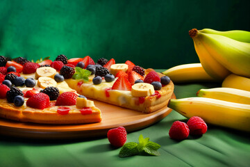 Italian fruit pizza on green background. Close-up. Generative Ai content