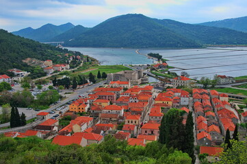 Mediterranean town Ston with salt pans in background