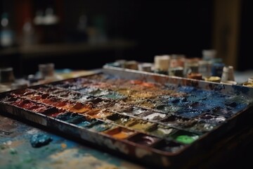 Palette of watercolors on a table in the artist's studio, generative Ai