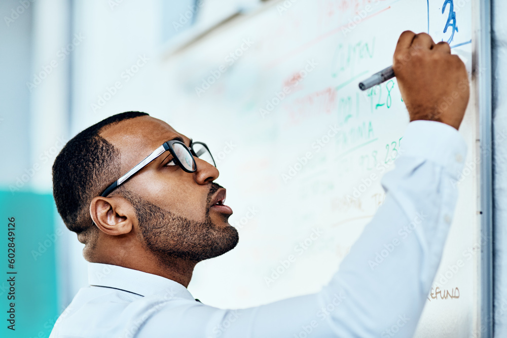 Aufkleber writing, whiteboard and business man planning, brainstorming and job management or project schedule.