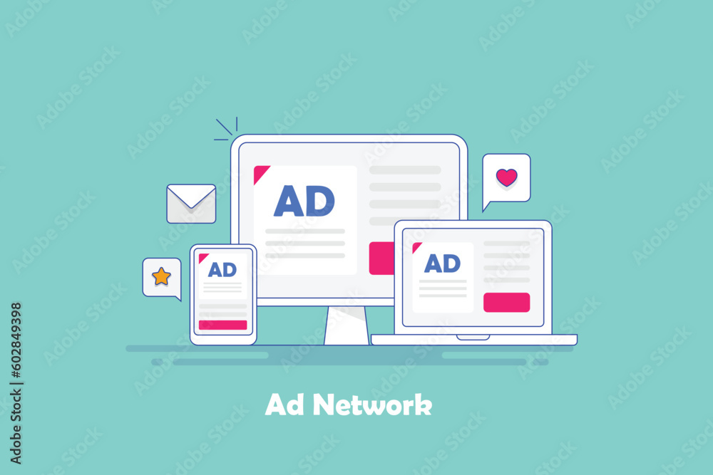 Wall mural responsive ads on smartphone, laptop and computer screen. digital ad network connecting business to 