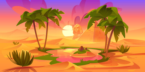 Fototapeta na wymiar Cartoon oasis in sandy desert with ancient Egyptian pyramids, Sphinx statue, green palm trees and bushes around lake. Orange sunset reflection in water. Travel game background, mirage landscape