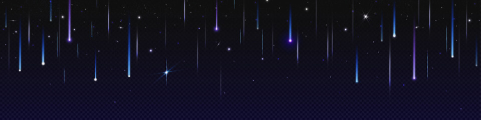 Realistic star shower on transparent night sky background. Vector illustration of comets, meteors, asteroids falling down, sparkling and shimmering on black. Space galaxy, universe design element © klyaksun