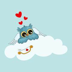 Vector cute cupid owl in love on a cloud with a bow and arrow in the shape of a heart. Valentines day. greeting card. Can be used on postcards, websites, web banners.