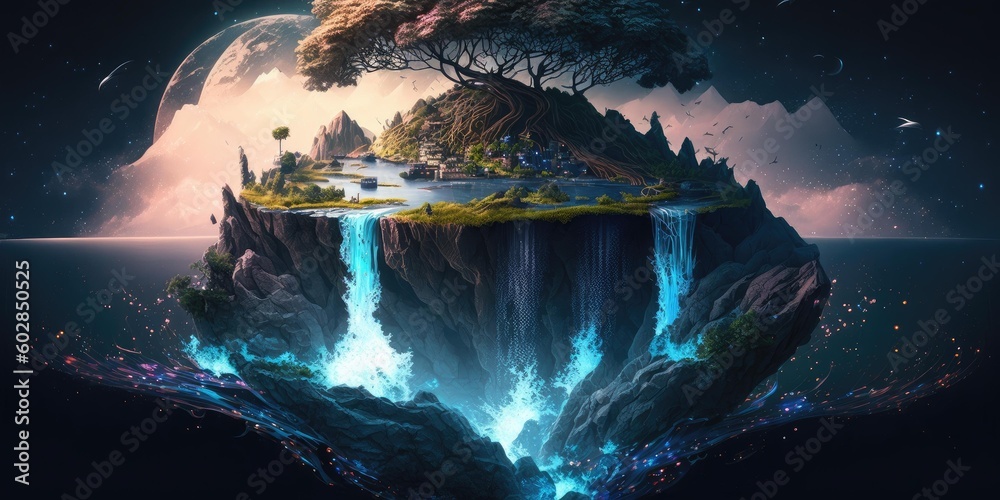 Wall mural fantasy fairytale sphere island floating in universe of night sky. superlative generative ai image.