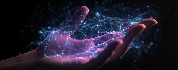 Evolving digital technology. DX, digital transformation background. Digital sparks or framework appearing above a human hand. Analog to digital, idea to a system concept. generative AI