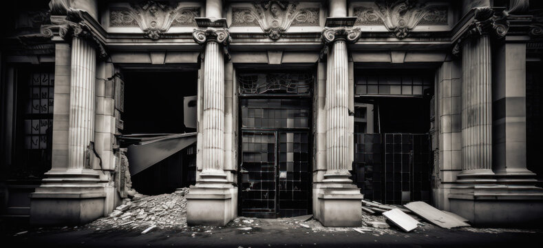 Financial crash, market crash, financial collapse. A typical bank or financial institution type building, crumbling and abandoned. generative AI.