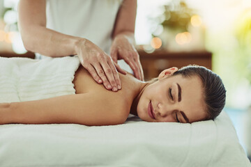 Obraz na płótnie Canvas Relax, therapy and massage with woman in spa for wellness, luxury and healing treatment. Skincare, peace and zen with female customer and hands of therapist for beauty salon, calm and detox