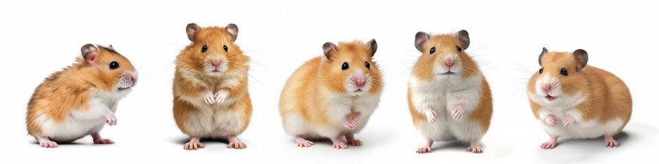 Animals pets hamsters banner panorama long - Collection of funny cute lying, sitting white brown hamster (cricetinae), isolated on white background, Generative Ai