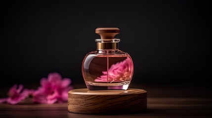 Obraz na płótnie Canvas Luxury perfume glass bottle with flower petals on wood, cinematic smoke realistic minimalist white light background generative ai