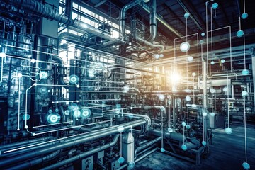 Fototapeta premium Double exposure of petrochemical plant at night. Concept of energy industry