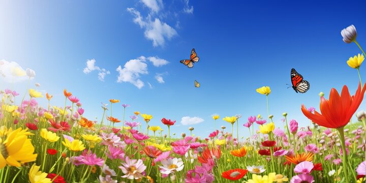 A colorful flower field, a mix of tulips, daisies, and other flowers in various shades, bees and butterflies flying around, a clear blue sky in the background, field of flowers, Generative AI © Ameer