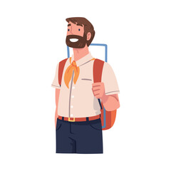 Young Bearded Man Character Engaged in Local Tourism Wearing Backpack and Hiking Vector Illustration