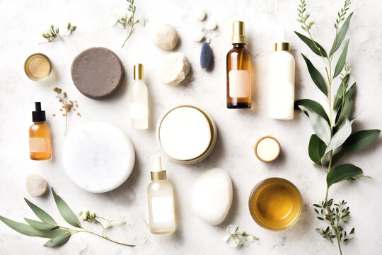 Collection of organic skincare products arranged on white stone table. Close-up. Generative Ai content
