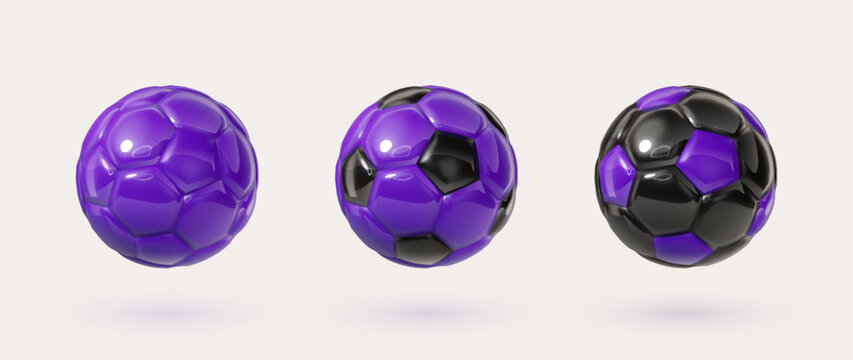 Purple and black glossy football balls isolated design elements on white background. Colorful soccer balls collection. Vector 3d design elements. Sports close up icons