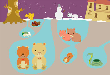 a bear, frog, and snake hibernating underground