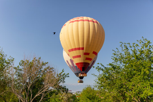 Denizli, Turkey, May 1, 2023: Hot air balloons and Natural travertine pools at sunrise in Pamukkale, 