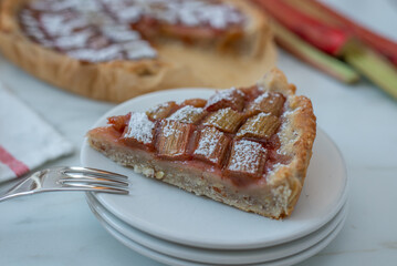 Traditional French rhubarb tart cake 