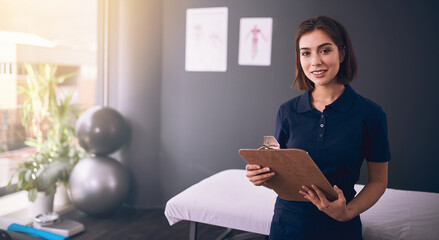 Physiotherapist, woman or portrait of chiropractor ready for physiotherapy or health consultation. Chiropractic or physical therapy worker with clipboard for check up to evaluate reflexology in body - obrazy, fototapety, plakaty