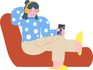 Woman using headphone listening music with smartphone app illustration isolated background