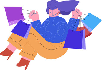 Elegant woman style shopaholic with shopping bag isolated character
