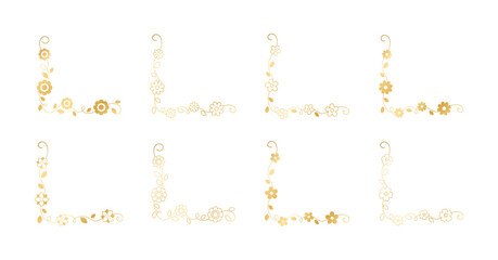 Set of gold floral corner borders. Golden spring flower page decoration vector illustration.