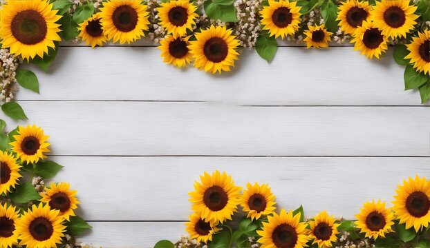 Sunflowers on side borders of wooden background from Generative AI