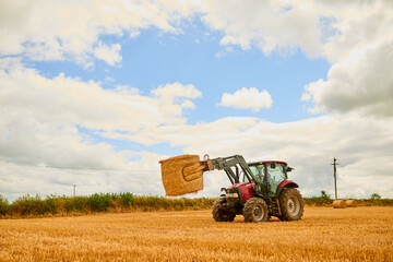 Straw, agriculture and a tractor on a farm for sustainability on an open field during the spring harvest season. Nature, sky and clouds with a red agricultural vehicle harvesting hay in a countryside