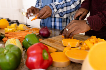 Midsection of african american young gay couple chopping melons and carrots on kitchen island