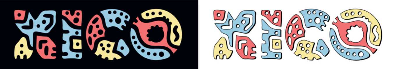 XICO. Doodle isolate text. Colored curves decorative doodle letters. Folk artwork style. Place in Mexico XICO for print, Mexican booklet, banner, flyer. Stock vector.