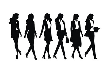 Female accountant and office employee silhouette set vector. Businesswomen silhouette bundle standing in different positions. Modern female model collection wearing suits and with anonymous faces.