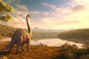 Graceful Giants Roaming the Prehistoric Realm Realistic Illustration Showcasing the Diplodocus in a Serene Prehistoric Landscape AI generated - obrazy, fototapety, plakaty