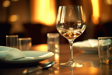 front view of a fancy, wine glass in a beautiful restaurant . Ai generative