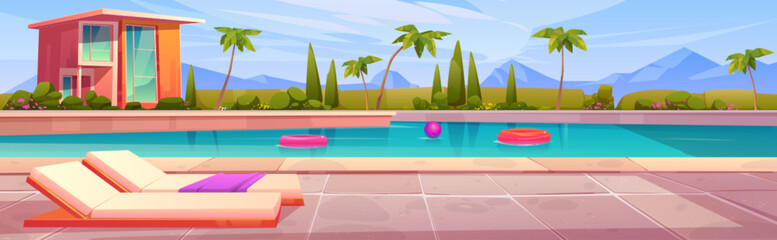 Obraz premium Swimming pool near house hotel vector illustration. Villa resort building exterior with poolside area on backyard. Tropical lounge cottage on sunny day with mountains landscape to rest outside