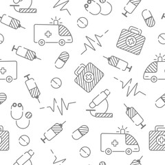 Seamless pattern with outline icons medicine ambulance