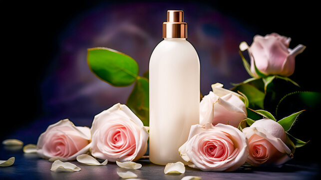 Spa relax composition with cosmetic bottle with lotion, shampoo or body cream and pink roses on dark background. Skin care treatment. Mock up of beauty product based on roses. Generative ai