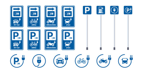 Vector Sets of Electronic Parking Lots, and charging point areas. Letter P Parking Symbol Sign for electronic car, vehicle, motorbike, bicycle, truck. Parking for plug zone. Vector.