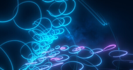 Obraz premium Abstract blue and purple glowing neon lines and circles energy laser flying on a black background