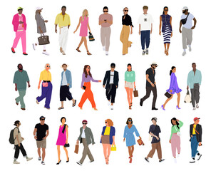 Bundle of Various people walking front and side view. Modern men and women different ethnicities, ages and body types in fashionable smart casual outfits. Vector illustrations, transparent background.