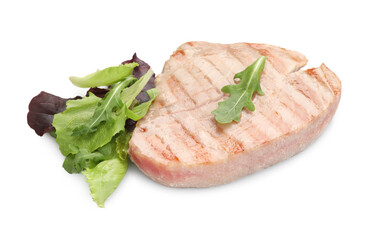 Delicious tuna steak with salad isolated on white
