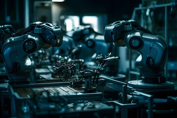 The concept of artificial intelligence revolutionizing industries, portraying AI-powered robots and machines working Generative AI.