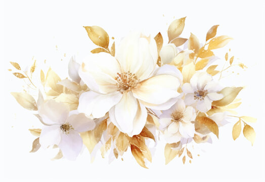 Abstract art background vector. Luxury minimal style wallpaper with gold watercolor flower gold and white watercolor flower art. watercolor gentle gold flower and gold splash and white background.