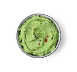 Bowl of delicious guacamole isolated on white, top view