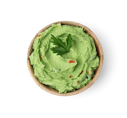 Bowl of delicious guacamole isolated on white, top view