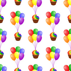 Obraz premium Seamless pattern with bunches of colorful balloons and cupcakes on a white background. Design for holiday decoration, fabric, wallpaper or wrapping paper. Vector illustration.