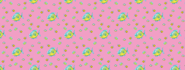 pattern. Set with fish. Sea and river fish. Horizontal image. Banner for insertion into site.
